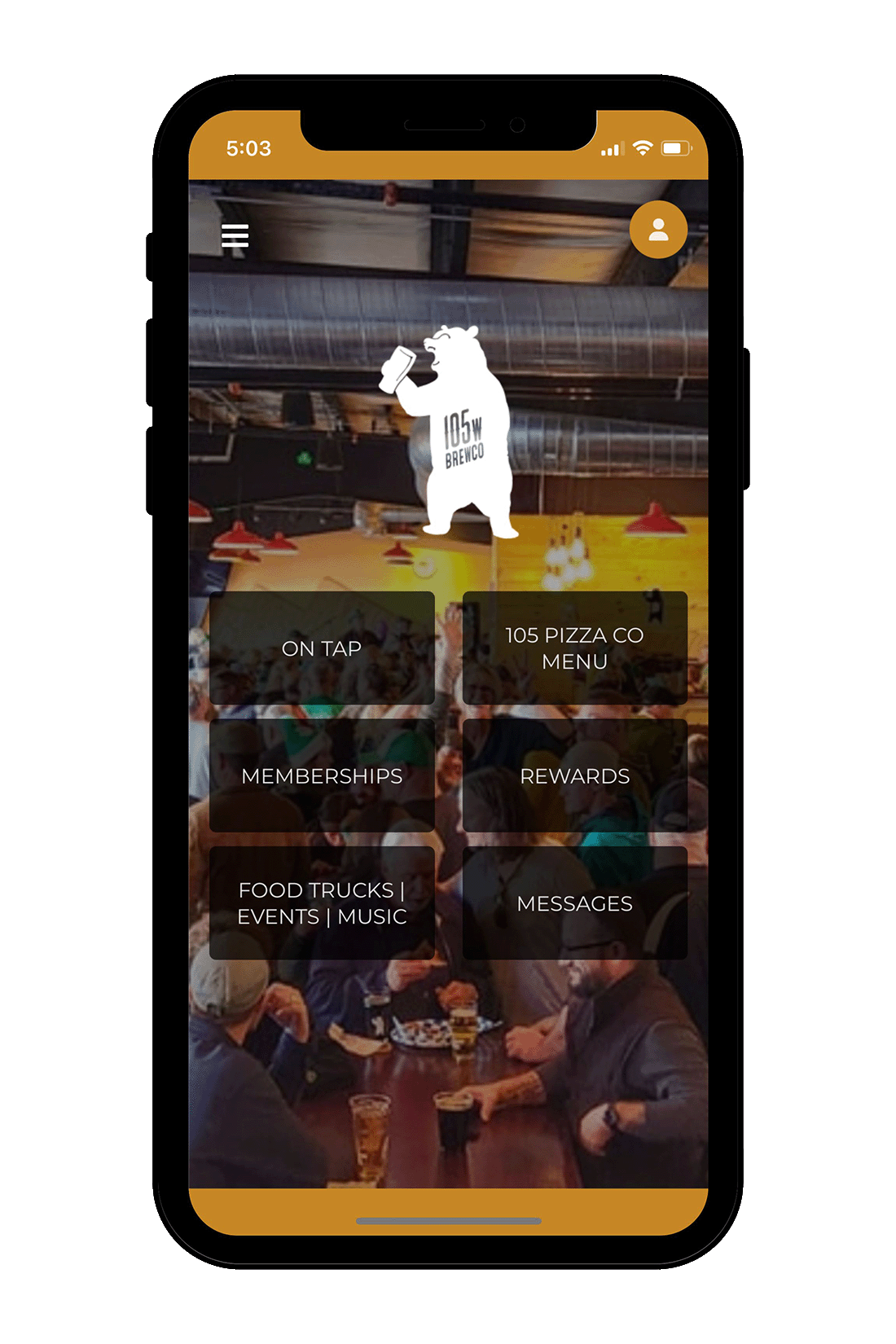 Screenshot of the 105 West Brewing Company homescreen on an Apple iPhone